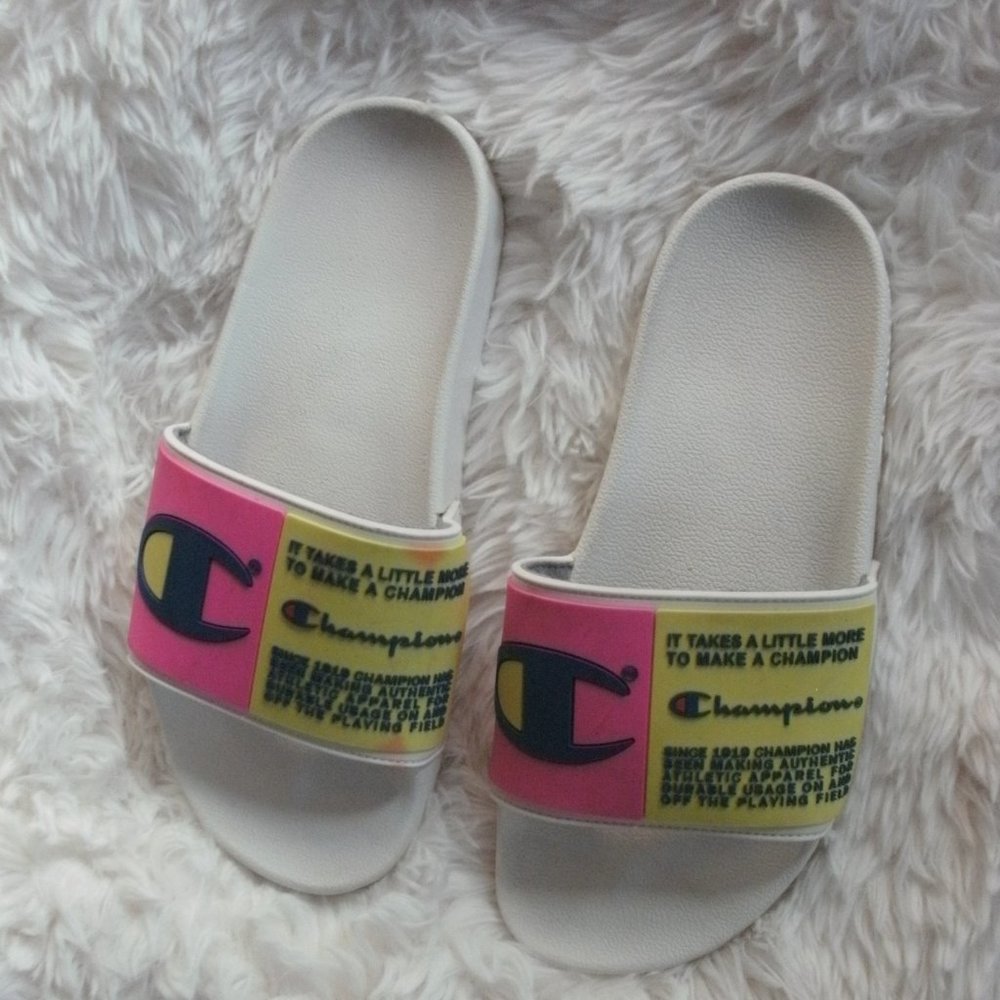 Champion White Pink & Yellow Logo Slide Sandals Shoes Youth Size 5